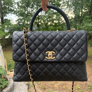 CHANEL Coco Black Quilted Top Handle Shoulder Bag with Gold CC Hardware